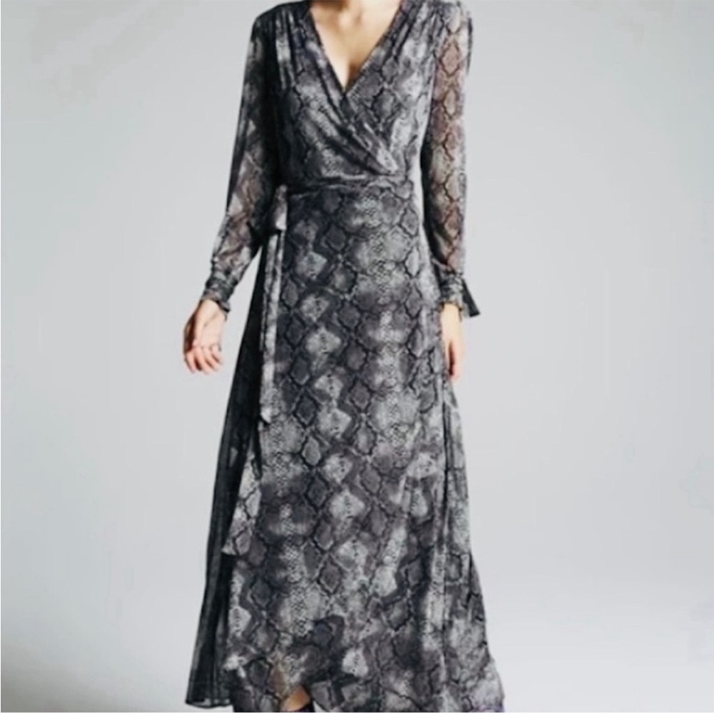 Betsey Johnson Snake Print Bow Sleeve Wrap Maxi Dress Gray Black Evening Formal - Picture 7 of 16